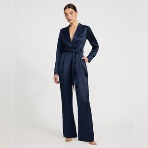 NWT Satin V-Neck Long Sleeve Belted Wide Leg Jumpsuit with Pockets
